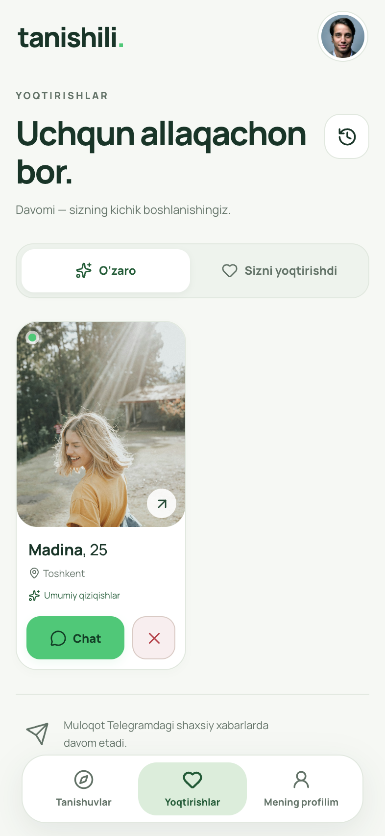 Tanishili o‘zaro yoqtirishlar ekrani
