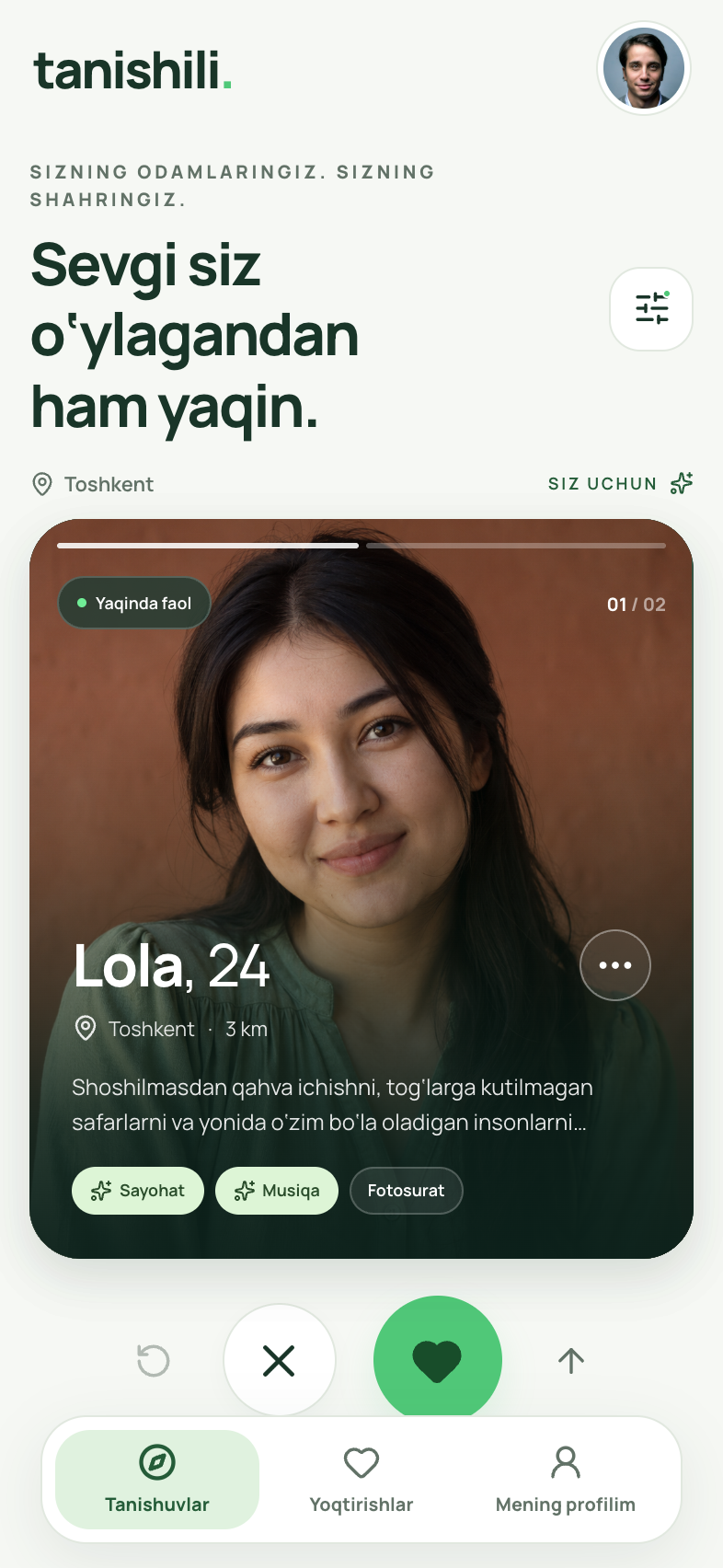Tanishili tanlov ekrani va yoqtirish tugmalari