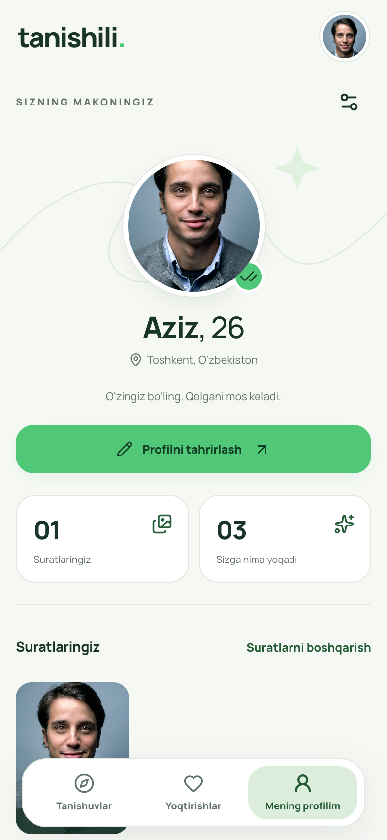 Tanishili shaxsiy profil ekrani